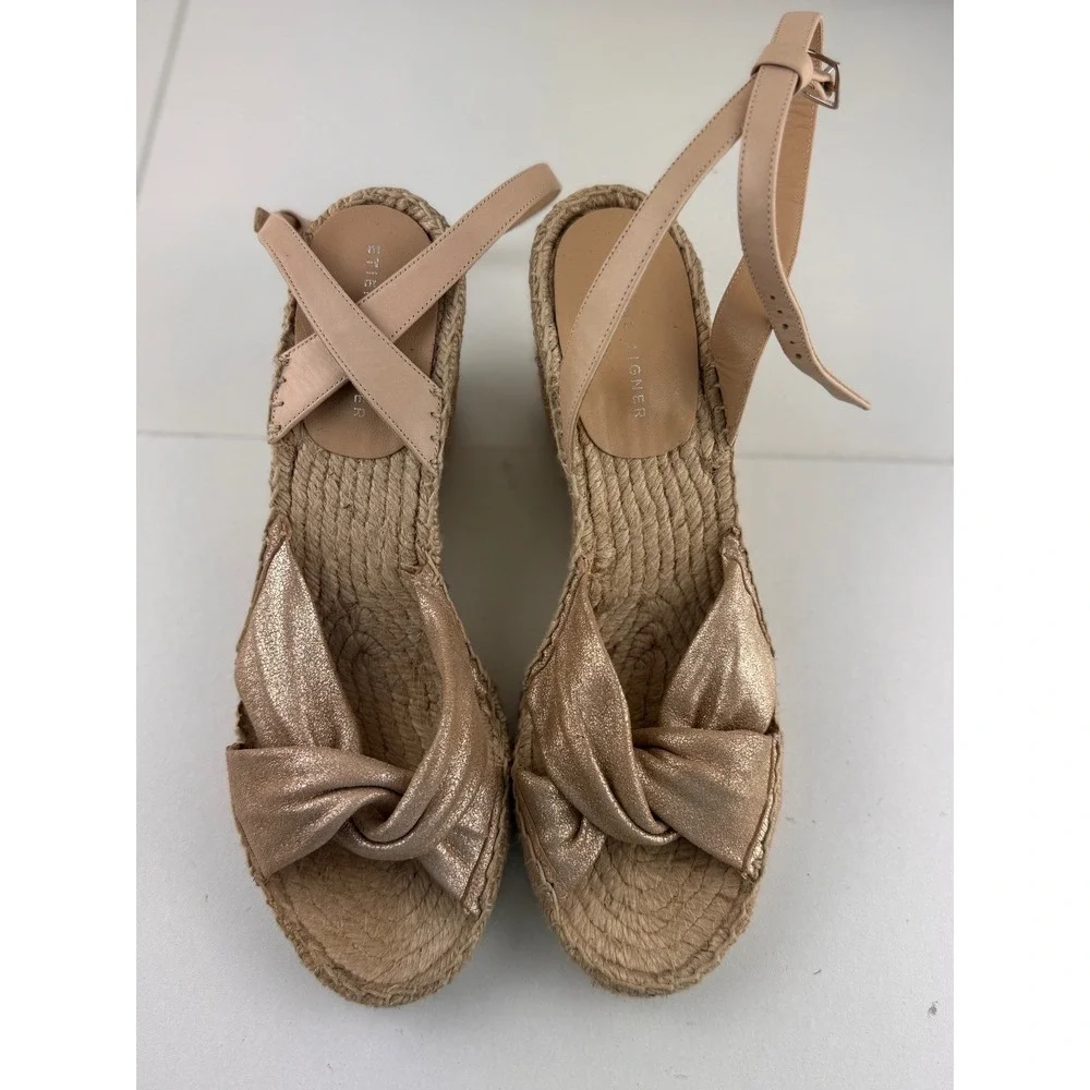 ETIENNE AIGNER Women Rose Gold‎ Metallic Bow Espadrille Wedge Sandals Size 8M